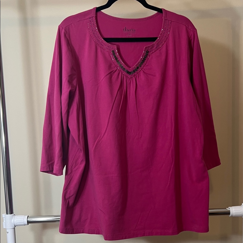 Doro Fuchsia Long Sleeve Top with Embellished Neckline